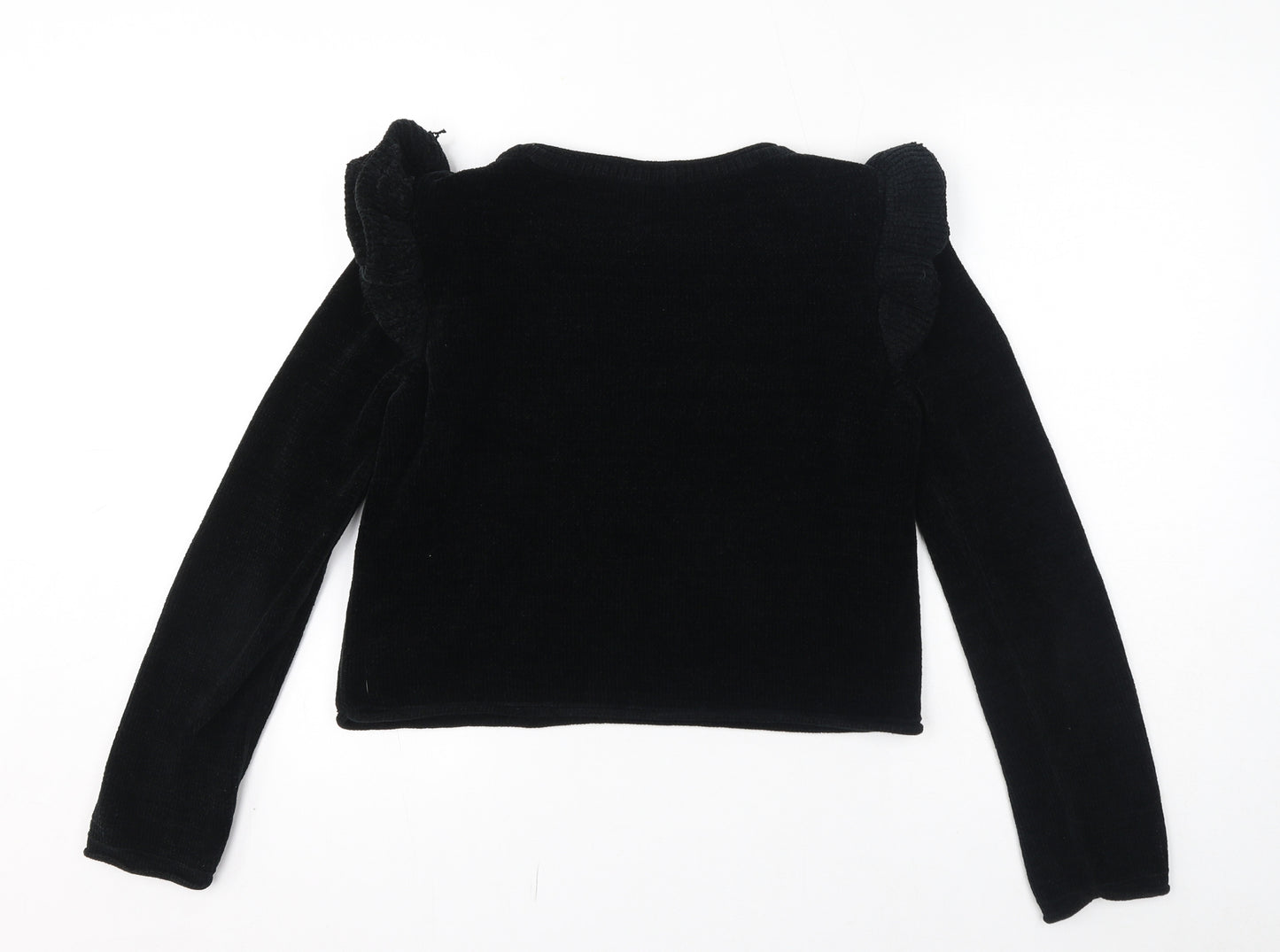 Zara Womens Black Boat Neck Polyester Pullover Jumper Size S - Ruffle detail on shoulder