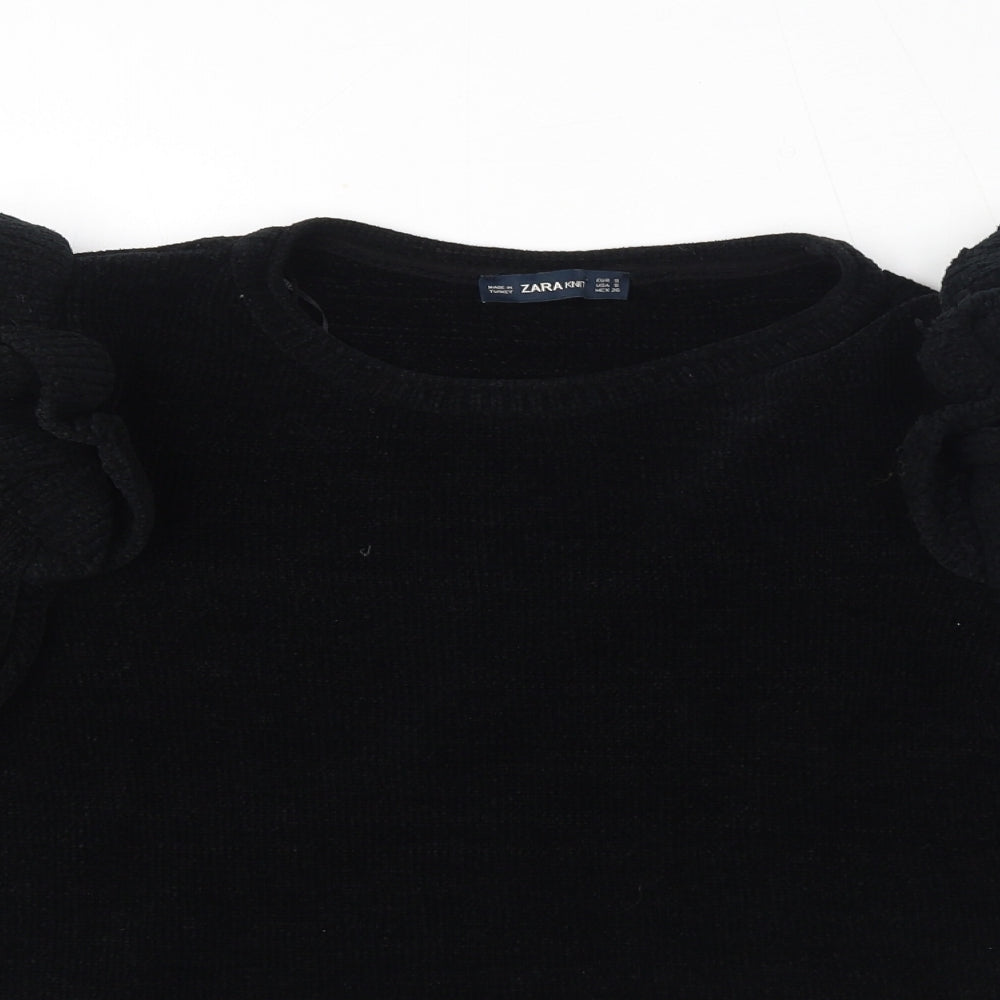 Zara Womens Black Boat Neck Polyester Pullover Jumper Size S - Ruffle detail on shoulder