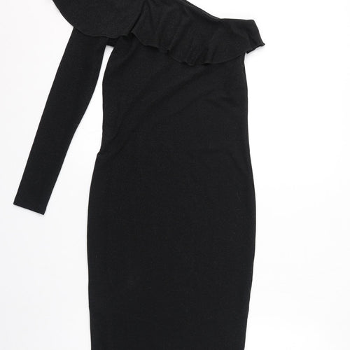 NEXT Womens Black Nylon Pencil Dress Size 8 One Shoulder Pullover - Sparkle