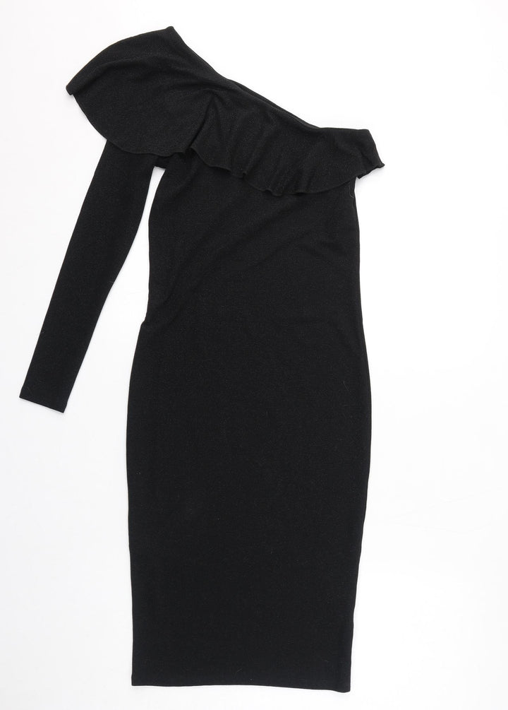 NEXT Womens Black Nylon Pencil Dress Size 8 One Shoulder Pullover - Sparkle