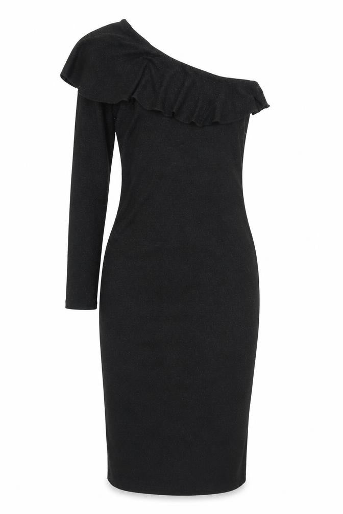 Front view of Next women’s black nylon pencil dress, size UK 8, one shoulder pullover - sparkle