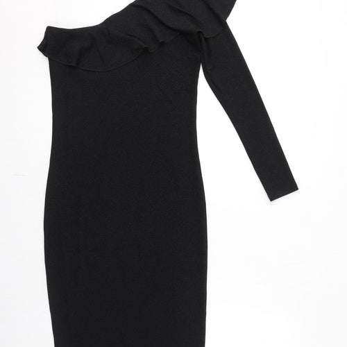 NEXT Womens Black Nylon Pencil Dress Size 8 One Shoulder Pullover - Sparkle