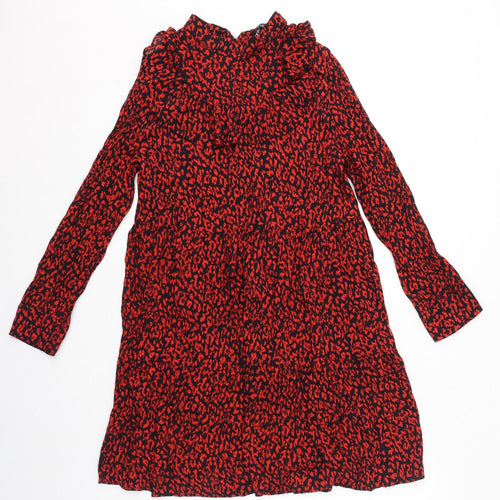 Zara Womens Red Animal Print Viscose A-Line Size S Mock Neck Zip - Leopard Pattern
