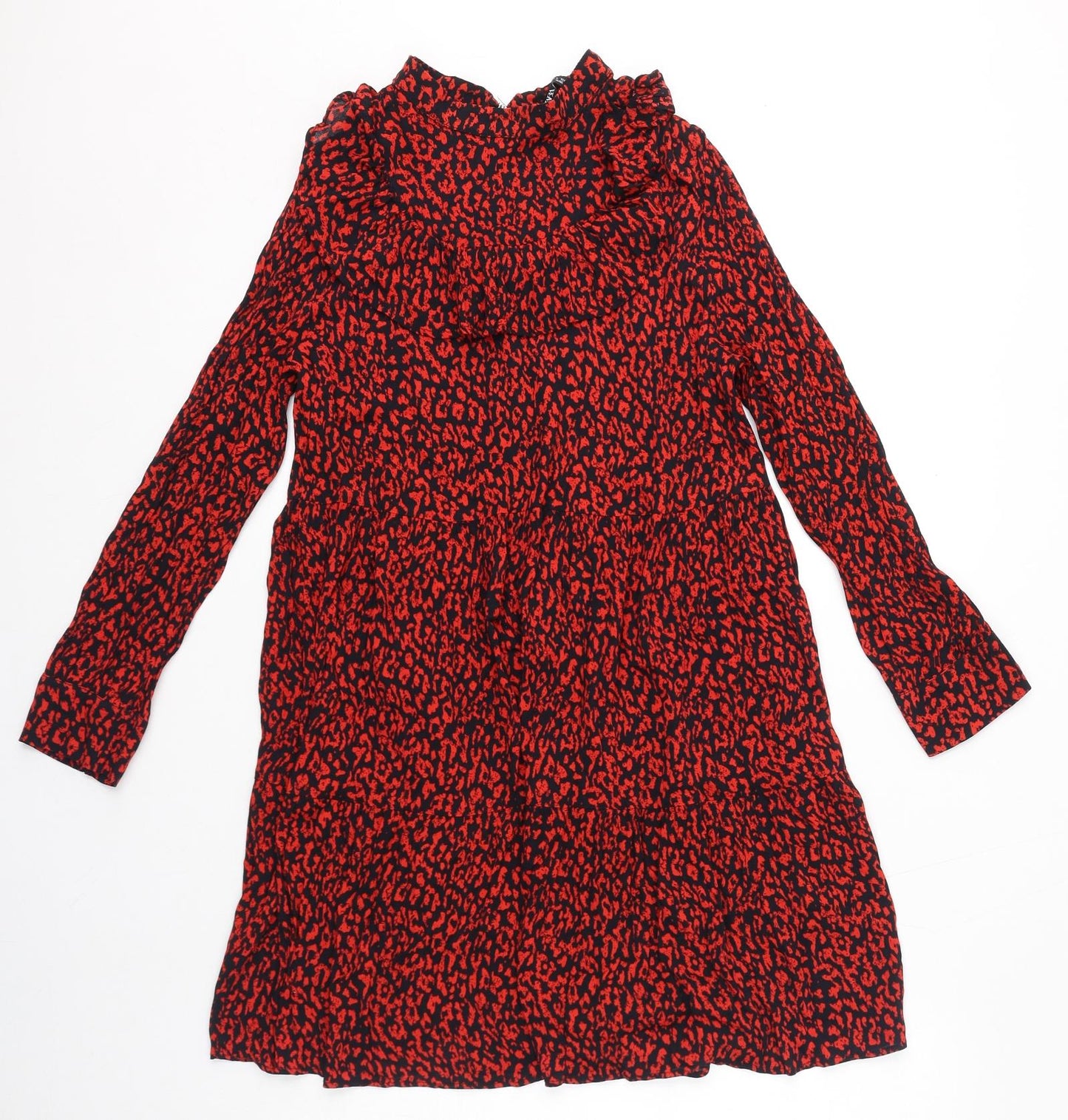 Zara Womens Red Animal Print Viscose A-Line Size S Mock Neck Zip - Leopard Pattern