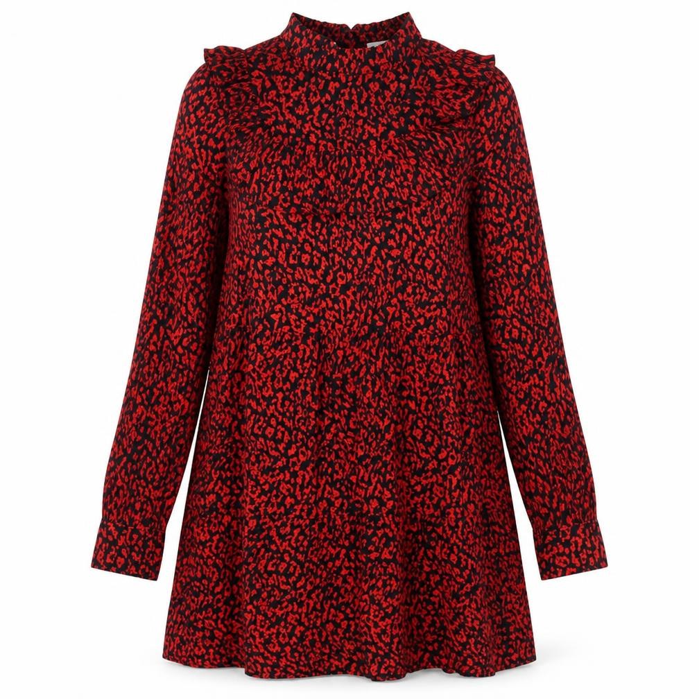 Front view of Zara women’s red animal print viscose a-line, size S, mock neck zip - leopard pattern