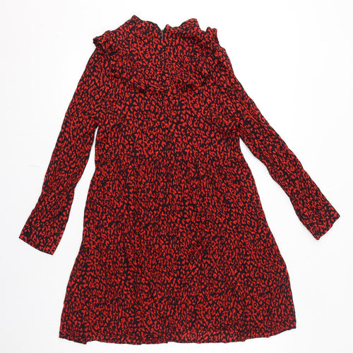Zara Womens Red Animal Print Viscose A-Line Size S Mock Neck Zip - Leopard Pattern