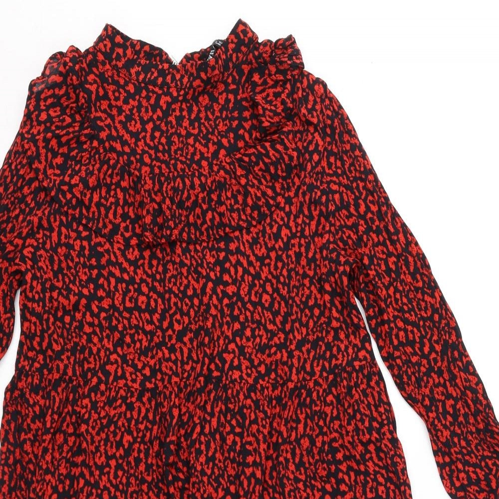 Zara Womens Red Animal Print Viscose A-Line Size S Mock Neck Zip - Leopard Pattern