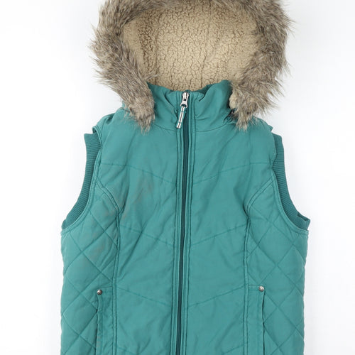 Per Una Womens Green Gilet Coat Size M Zip - Faux Fur Hood, Fleece lined, Quilted