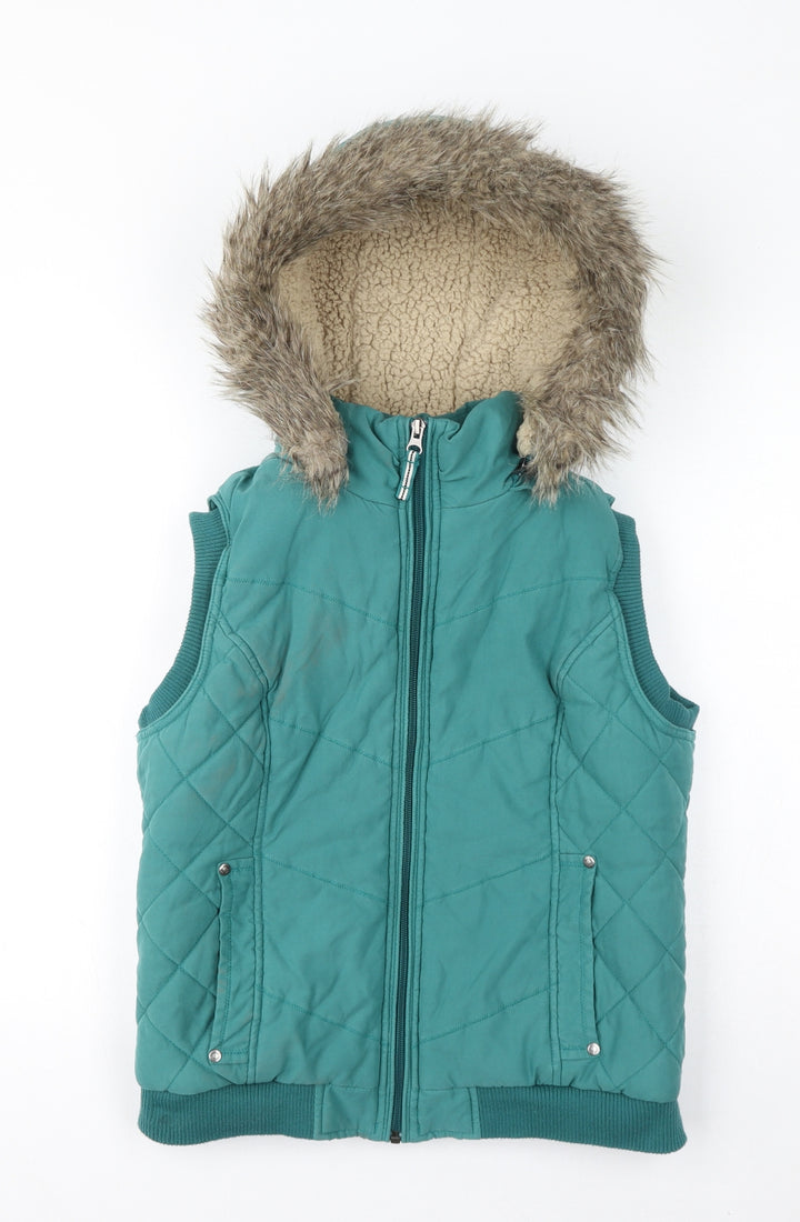 Per Una Womens Green Gilet Coat Size M Zip - Faux Fur Hood, Fleece lined, Quilted