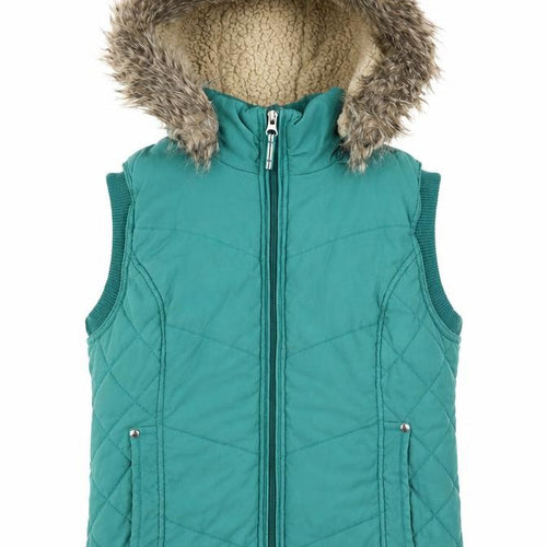 Per Una Womens Green Gilet Coat Size M Zip - Faux Fur Hood, Fleece lined, Quilted