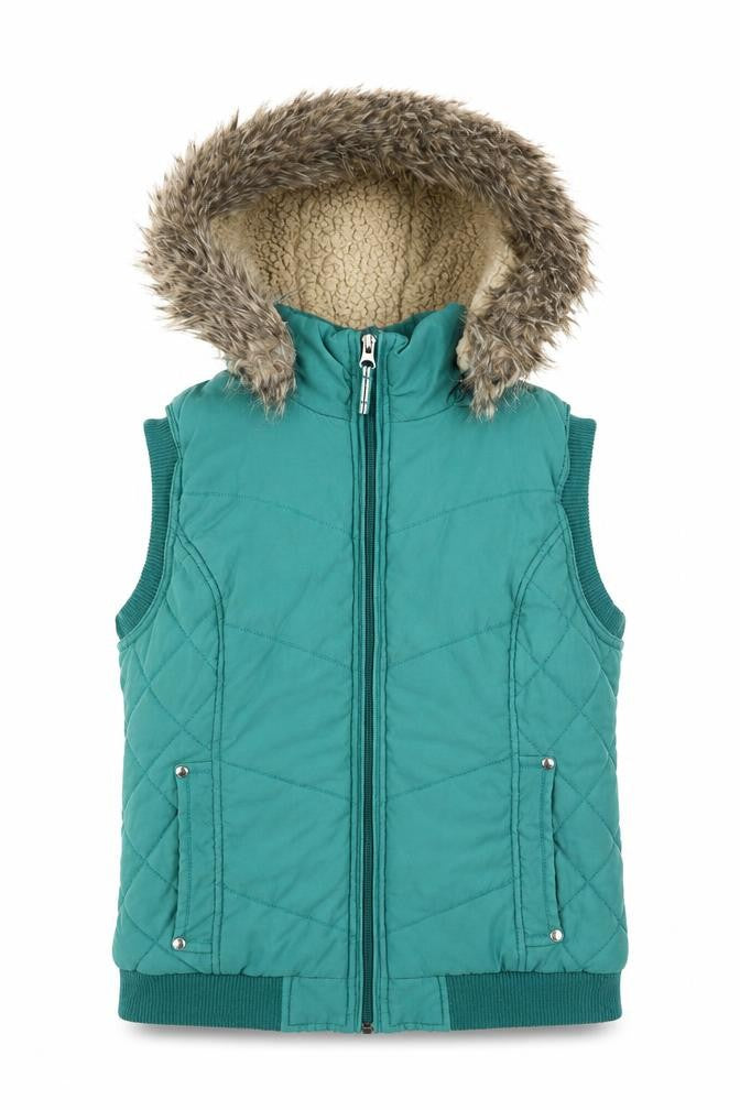 Per Una Womens Green Gilet Coat Size M Zip - Faux Fur Hood, Fleece lined, Quilted