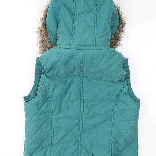 Per Una Womens Green Gilet Coat Size M Zip - Faux Fur Hood, Fleece lined, Quilted