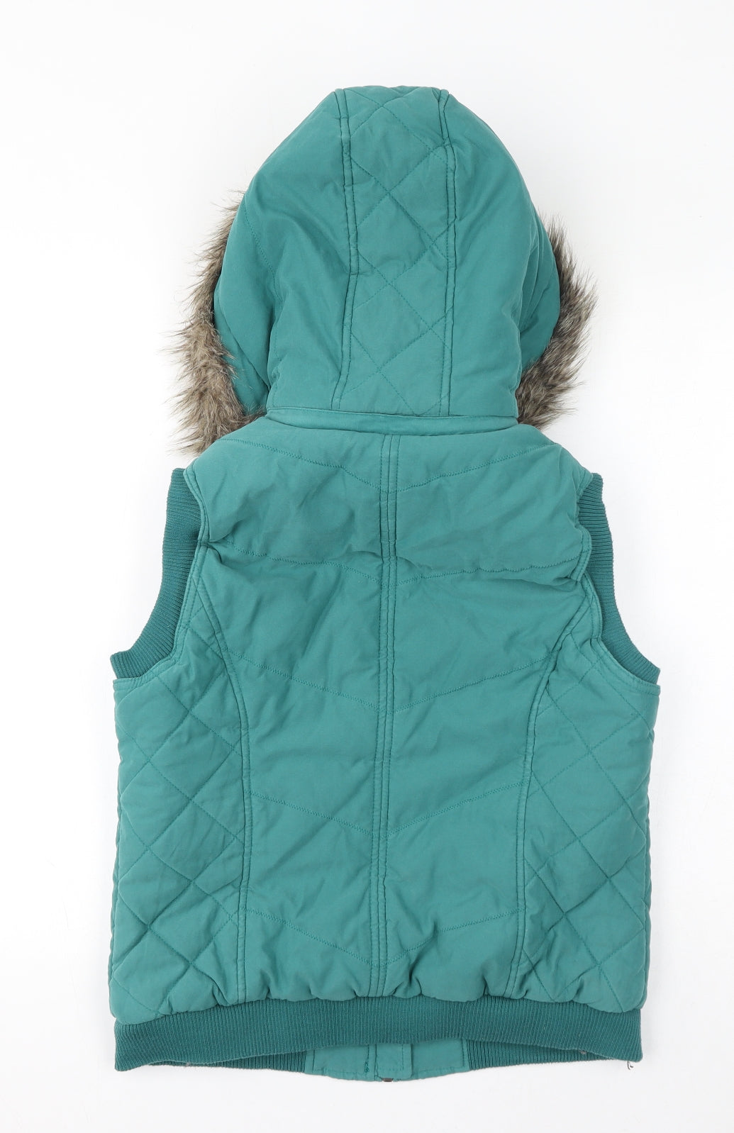 Per Una Womens Green Gilet Coat Size M Zip - Faux Fur Hood, Fleece lined, Quilted