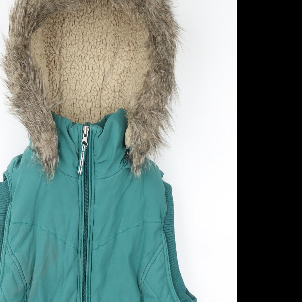 Per Una Womens Green Gilet Coat Size M Zip - Faux Fur Hood, Fleece lined, Quilted
