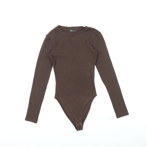 Zara Womens Brown Polyester Bodysuit One-Piece Size S Snap