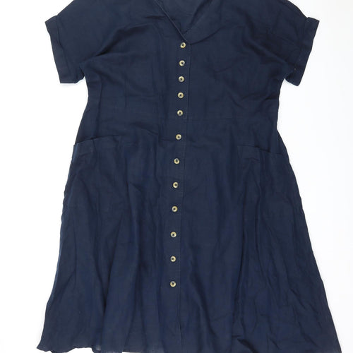 Monsoon Womens Blue Linen Shirt Dress Size 20 V-Neck Button