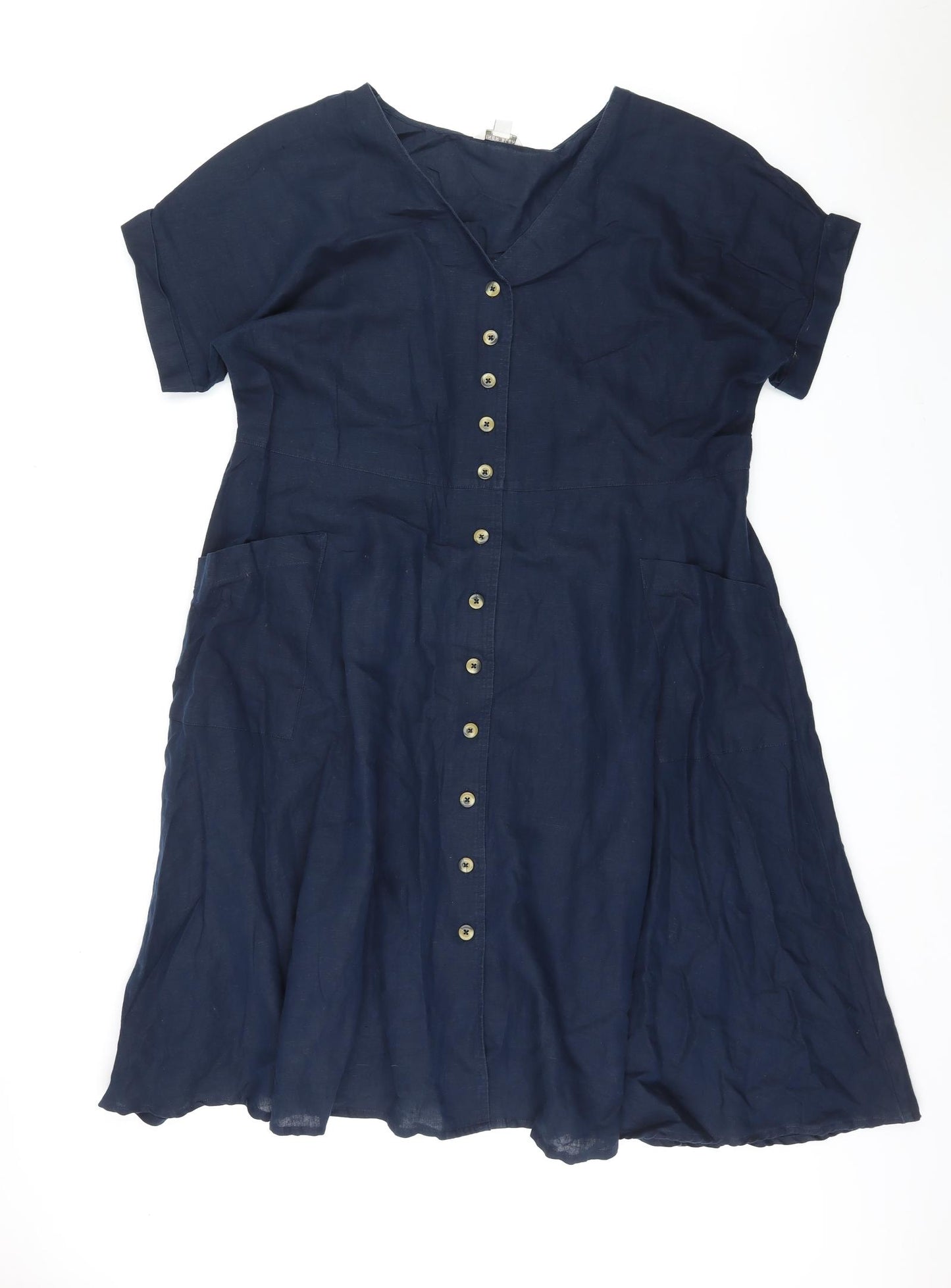 Monsoon Womens Blue Linen Shirt Dress Size 20 V-Neck Button