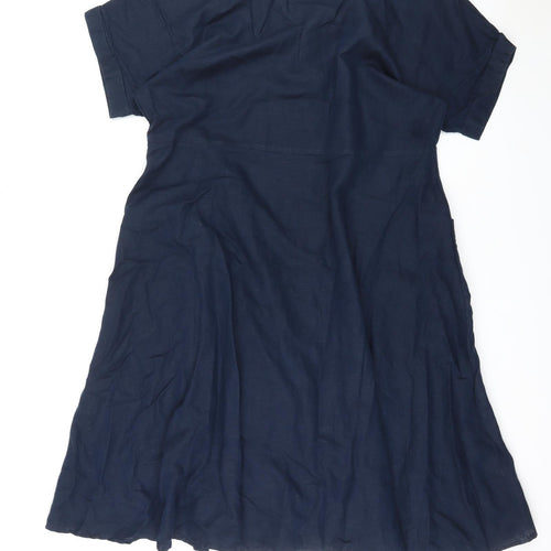 Monsoon Womens Blue Linen Shirt Dress Size 20 V-Neck Button