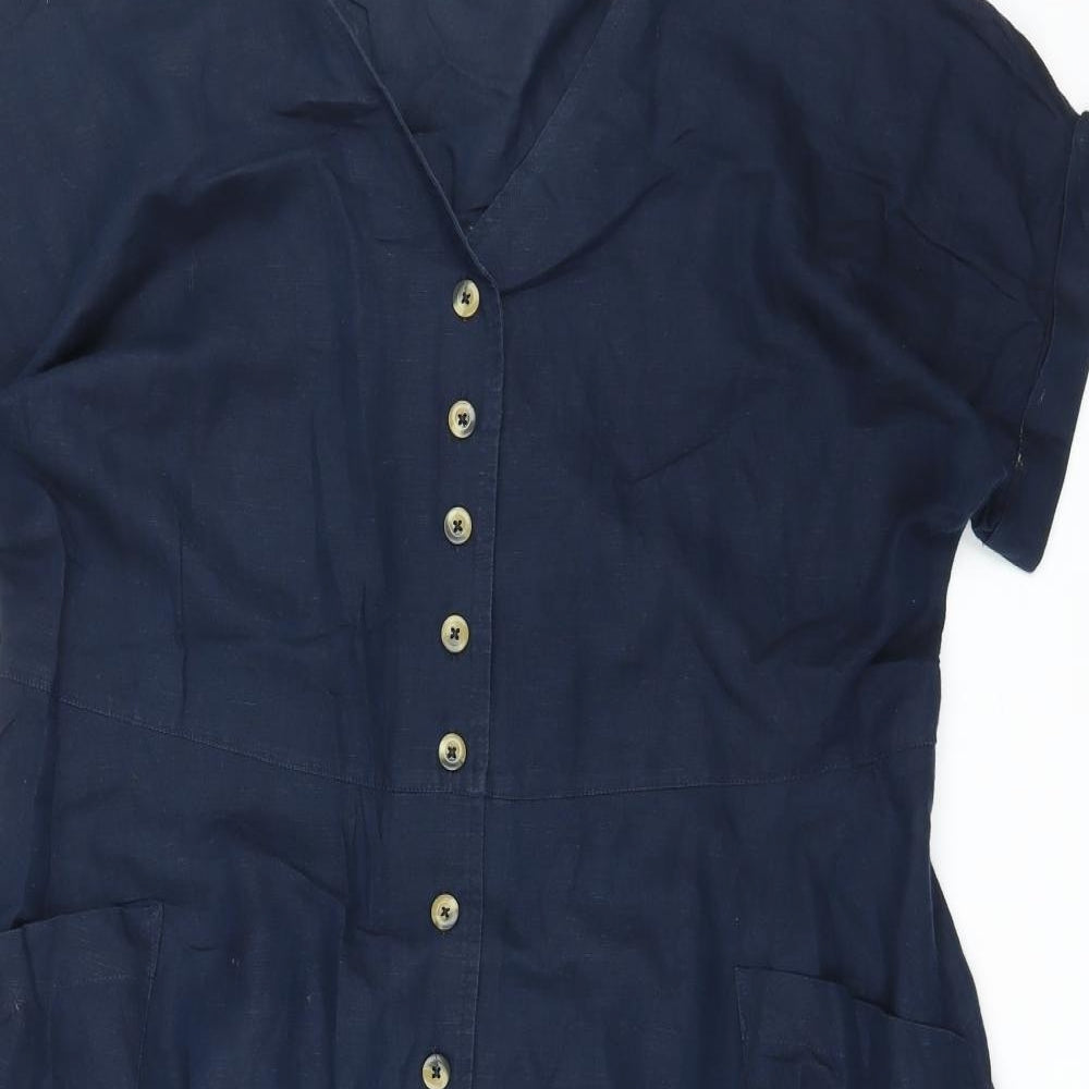 Monsoon Womens Blue Linen Shirt Dress Size 20 V-Neck Button