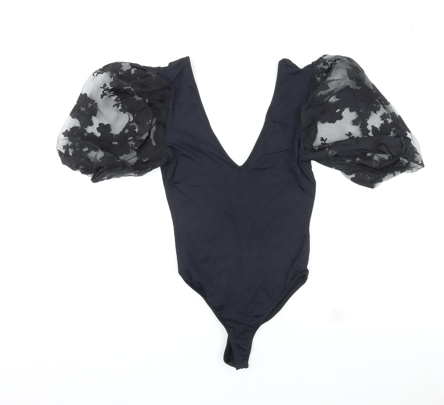 Zara Womens Black Polyamide Bodysuit One-Piece Size S Snap - Floral Mesh Sleeves