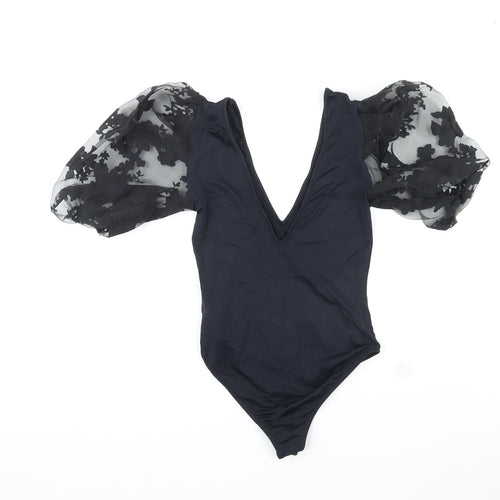 Zara Womens Black Polyamide Bodysuit One-Piece Size S Snap - Floral Mesh Sleeves