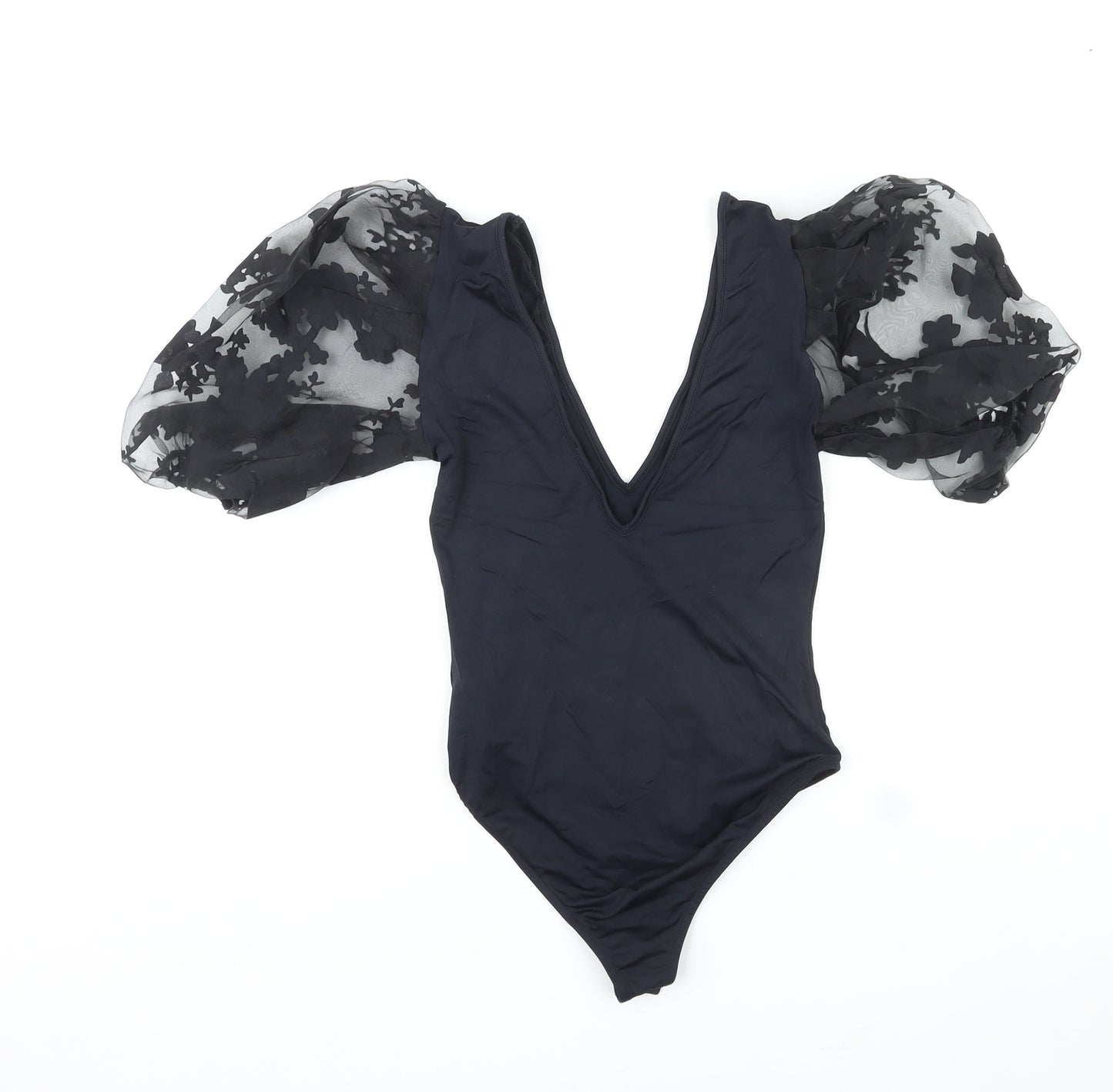 Zara Womens Black Polyamide Bodysuit One-Piece Size S Snap - Floral Mesh Sleeves