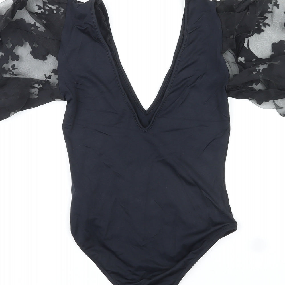 Zara Womens Black Polyamide Bodysuit One-Piece Size S Snap - Floral Mesh Sleeves