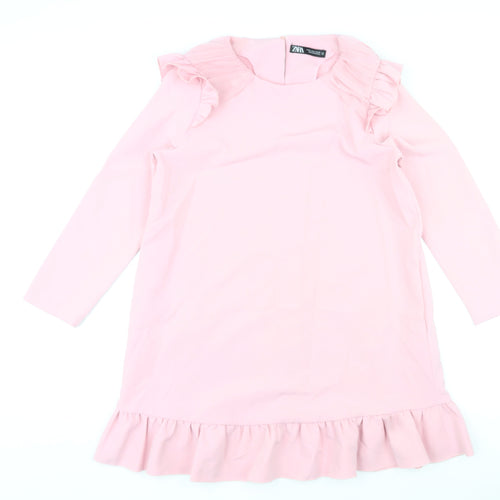 Zara Womens Pink Polyester Shift Size M Round Neck Button - Pleated Sleeves and Hem