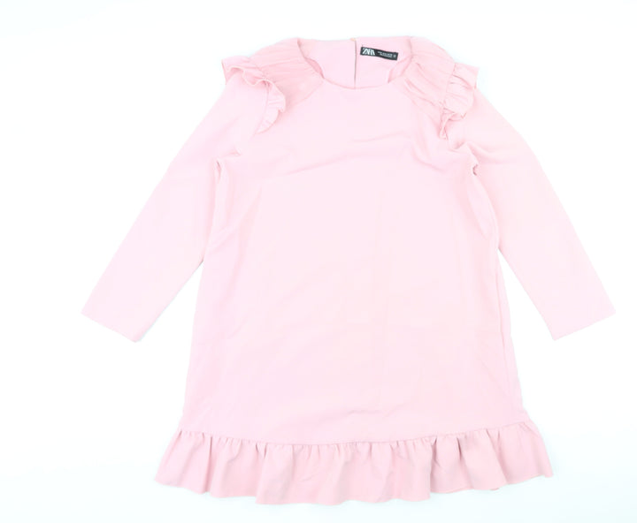 Zara Womens Pink Polyester Shift Size M Round Neck Button - Pleated Sleeves and Hem