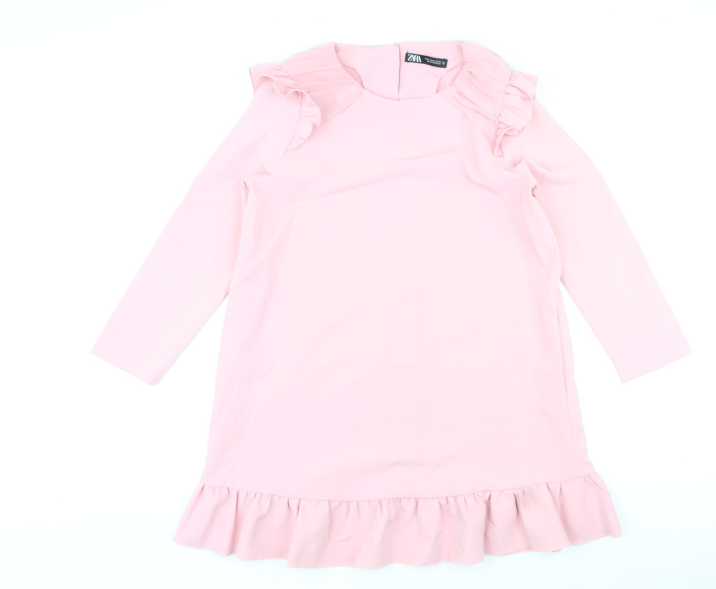 Zara Womens Pink Polyester Shift Size M Round Neck Button - Pleated Sleeves and Hem