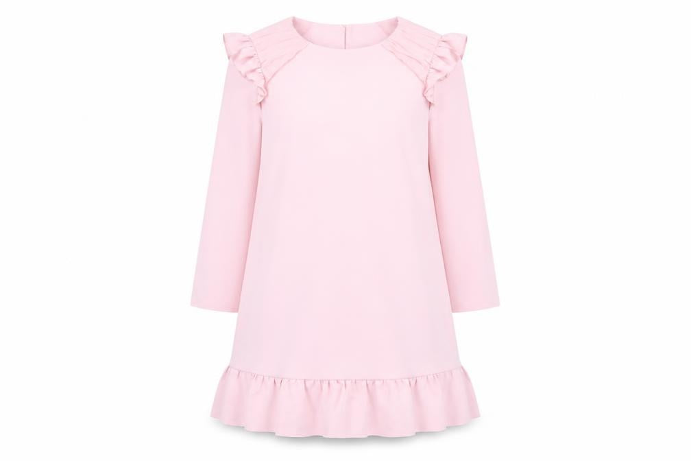 Front view of Zara women’s pink polyester shift, size M, round neck button - pleated sleeves and hem