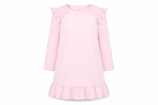 Front view of Zara women’s pink polyester shift, size M, round neck button - pleated sleeves and hem