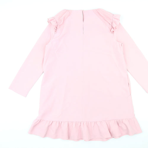 Zara Womens Pink Polyester Shift Size M Round Neck Button - Pleated Sleeves and Hem