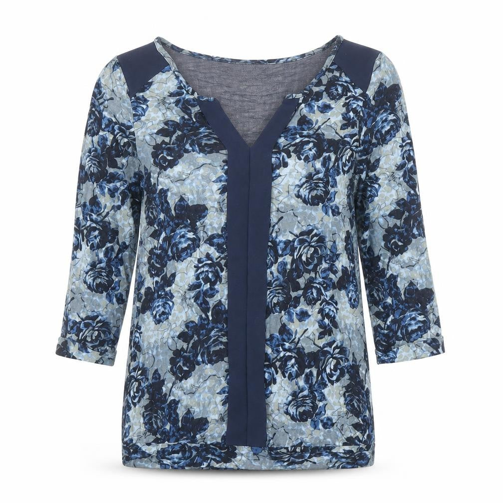 Front view of Next women’s blue fair isle viscose basic blouse, size UK 8, v-neck