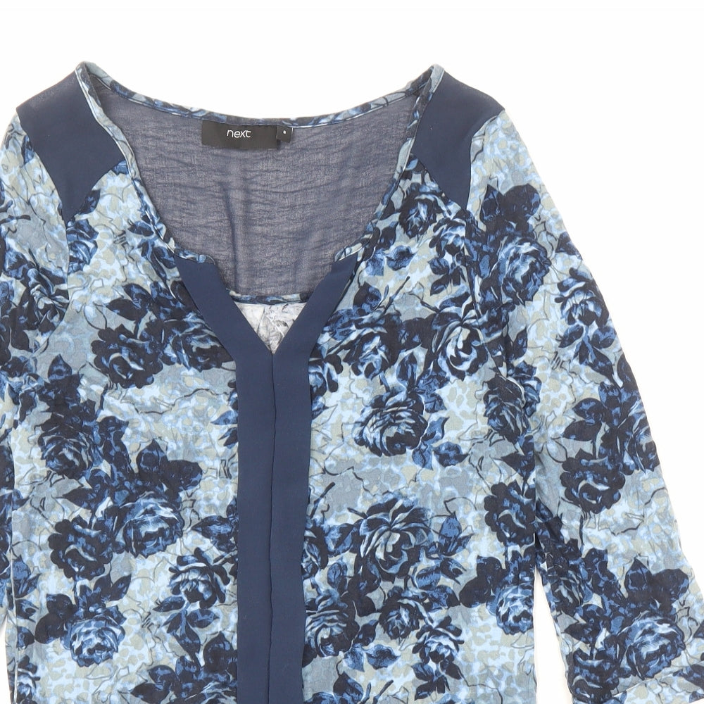 NEXT Womens Blue Fair Isle Viscose Basic Blouse Size 8 V-Neck