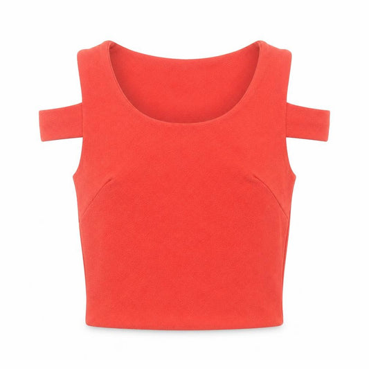 Front view of Boohoo women’s red polyester cropped tank, size UK 6, round neck - cut out detail