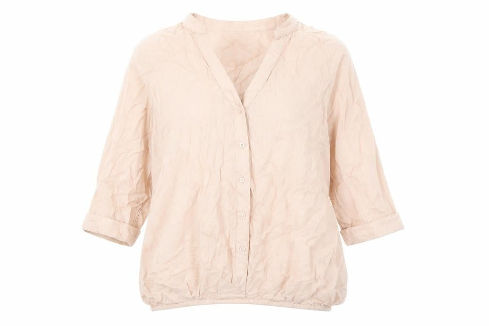 Front view of Marks & Spencer women’s pink modacrylic basic blouse, size UK 8, v-neck - elastic waist