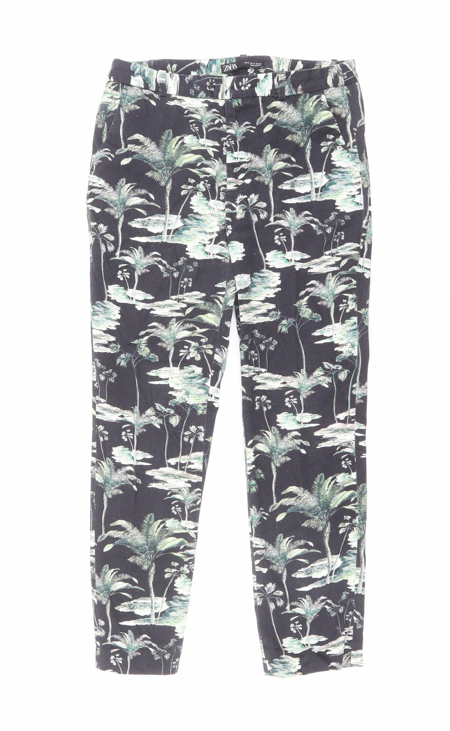 Zara Womens Black Geometric Polyester Trousers Size M L26 in Regular Zip - Tree Print