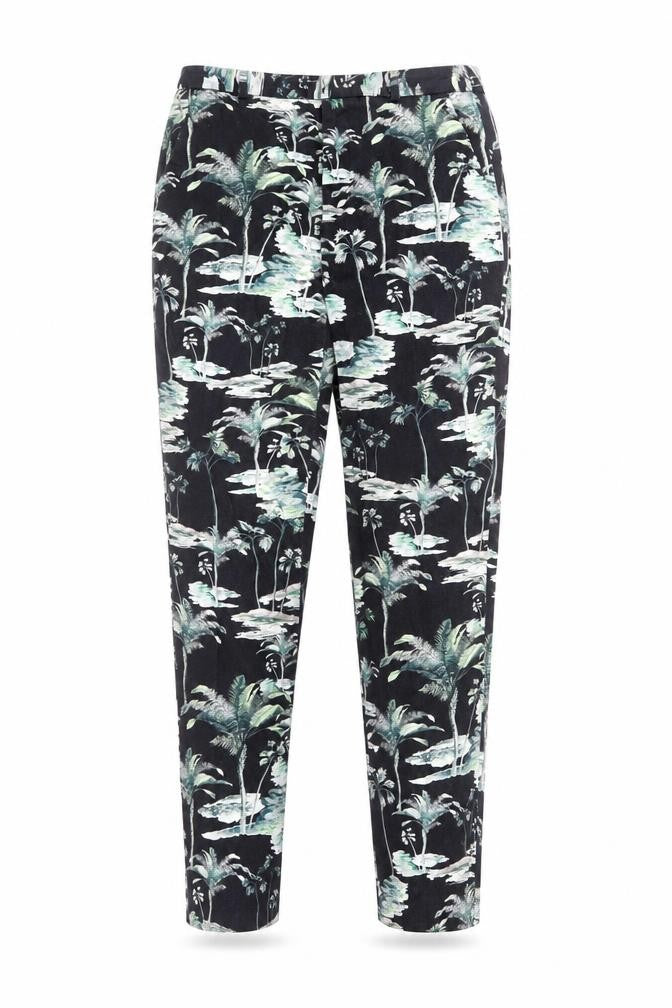 Front view of Zara women’s black geometric polyester trousers, size M, 26-inch leg regular zip - tree print