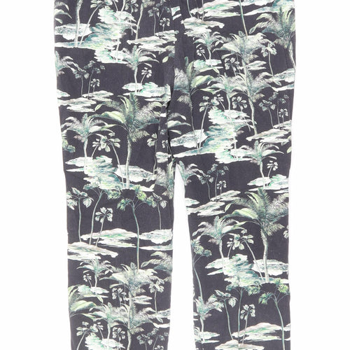 Zara Womens Black Geometric Polyester Trousers Size M L26 in Regular Zip - Tree Print