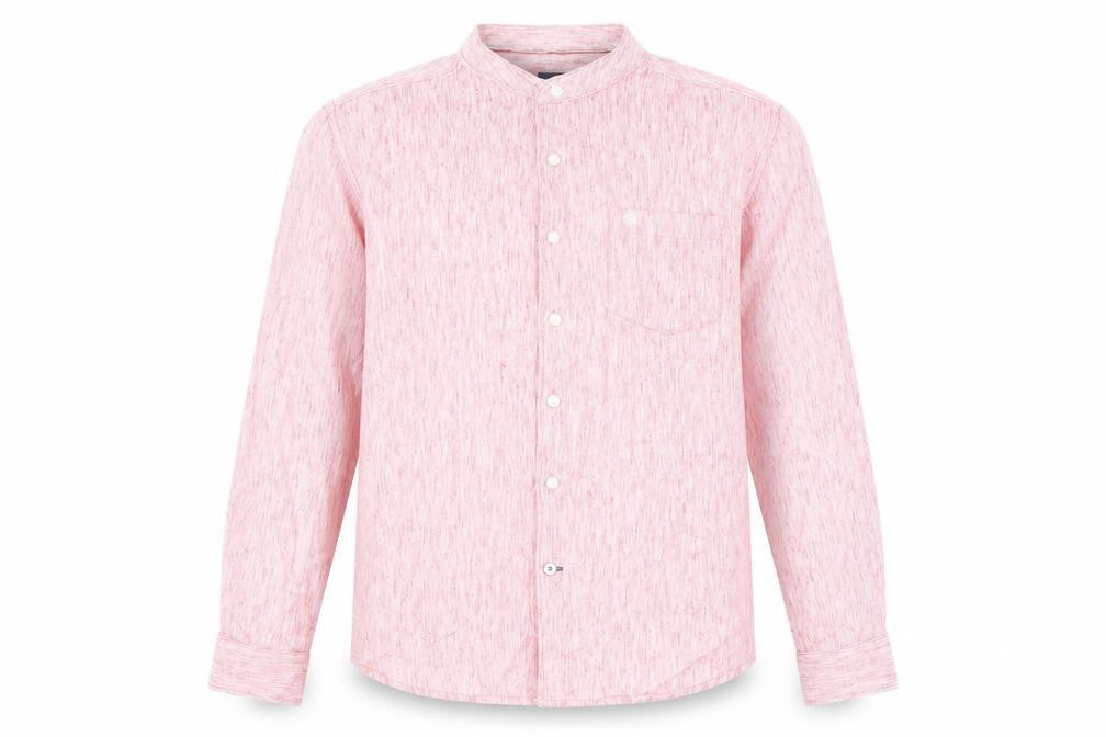 Front view of Net Play men’s pink cotton button-up, size 40, mock neck button