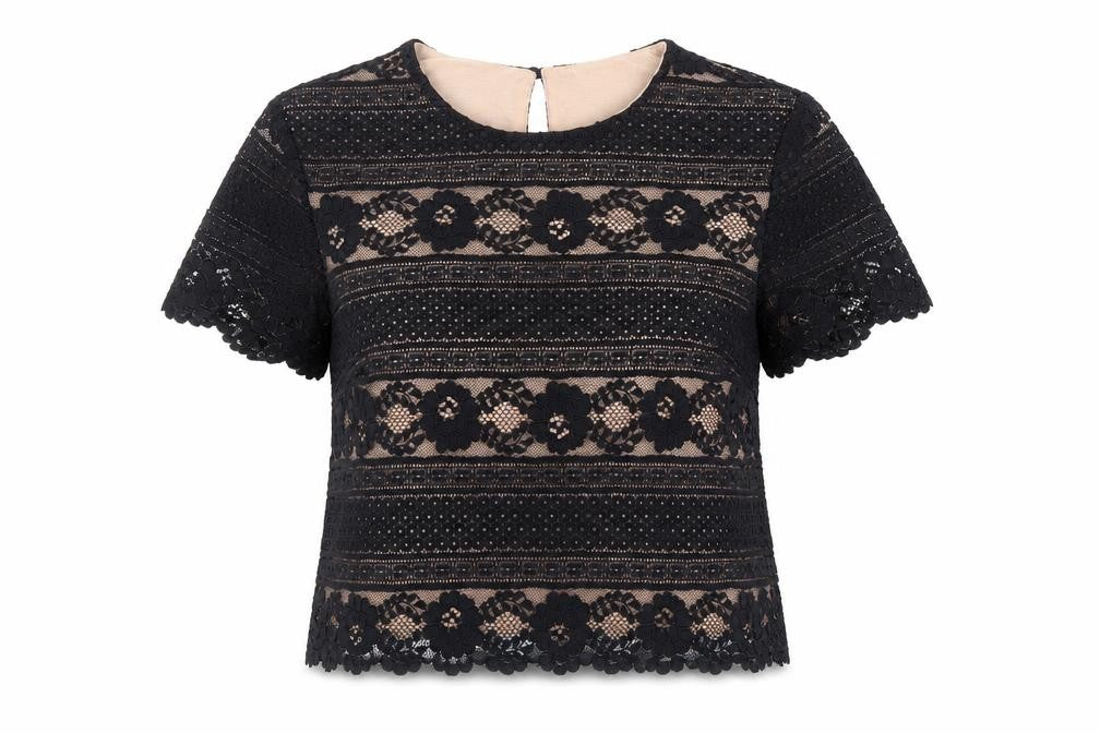 Front view of H&M women’s black geometric polyamide basic blouse, size M, round neck