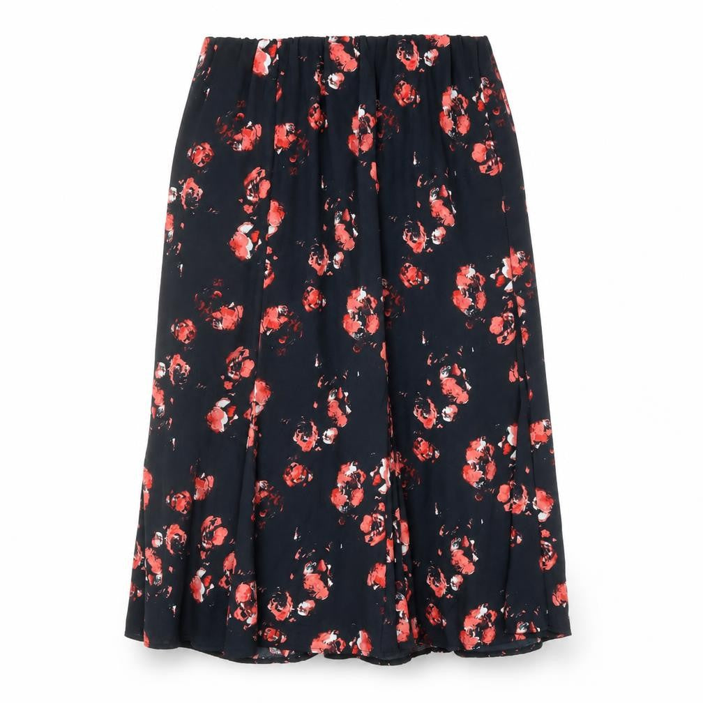 Front view of Créaline women’s black geometric polyester flare skirt, size UK 14