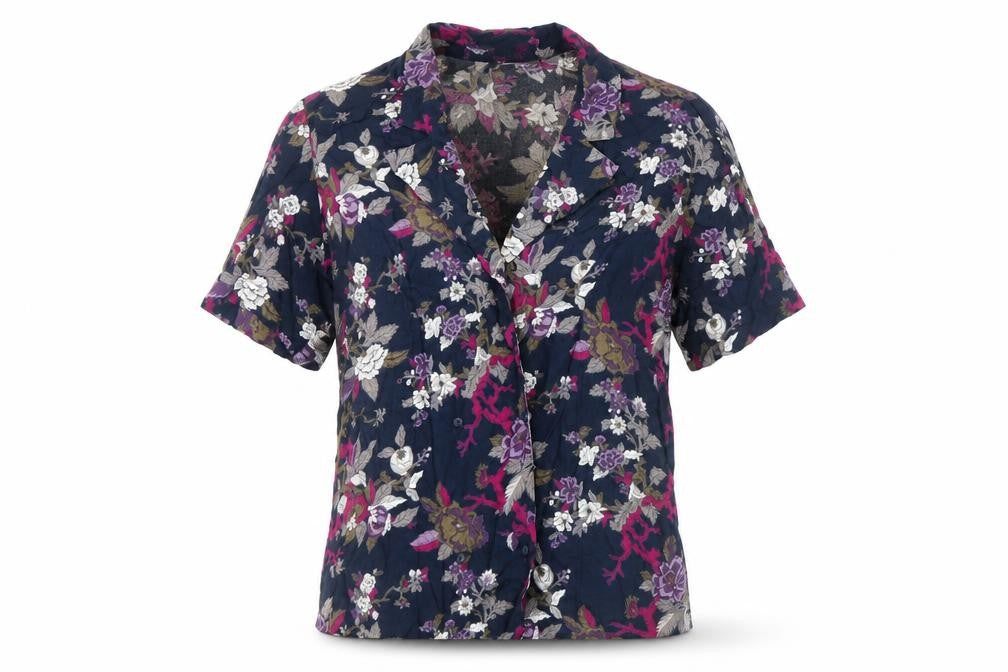 Front view of Rosanna women’s blue floral viscose basic button-up, size UK 12, collared