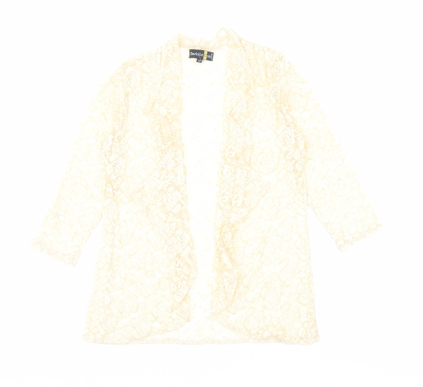 Charlotte Gold Womens Gold Floral Polyester Kimono Blouse Size 12 V-Neck - Open