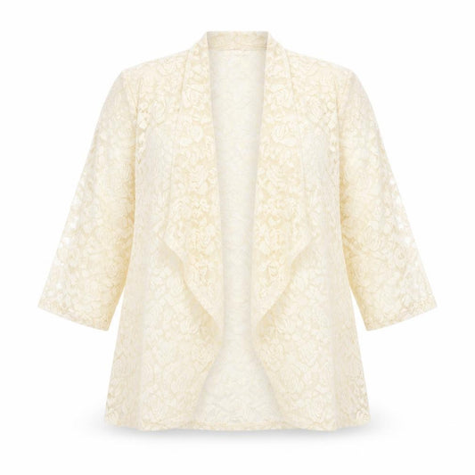 Front view of Charlotte Gold women’s gold floral polyester kimono blouse, size UK 12, v-neck - open