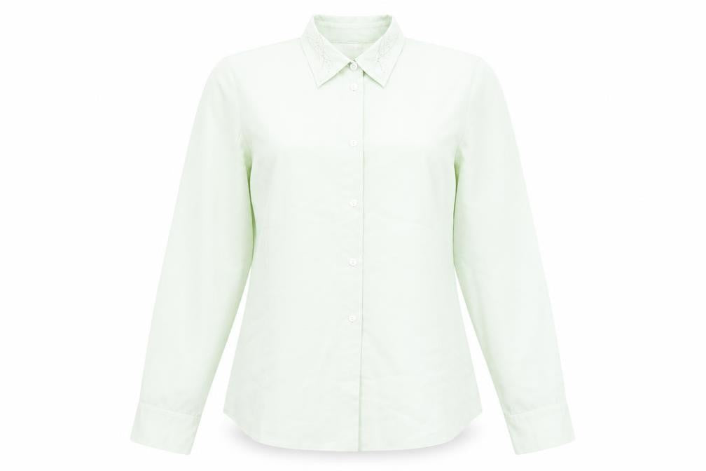 Front view of Habella women’s green polyester basic button-up, size UK 12, collared - rhinestone detail