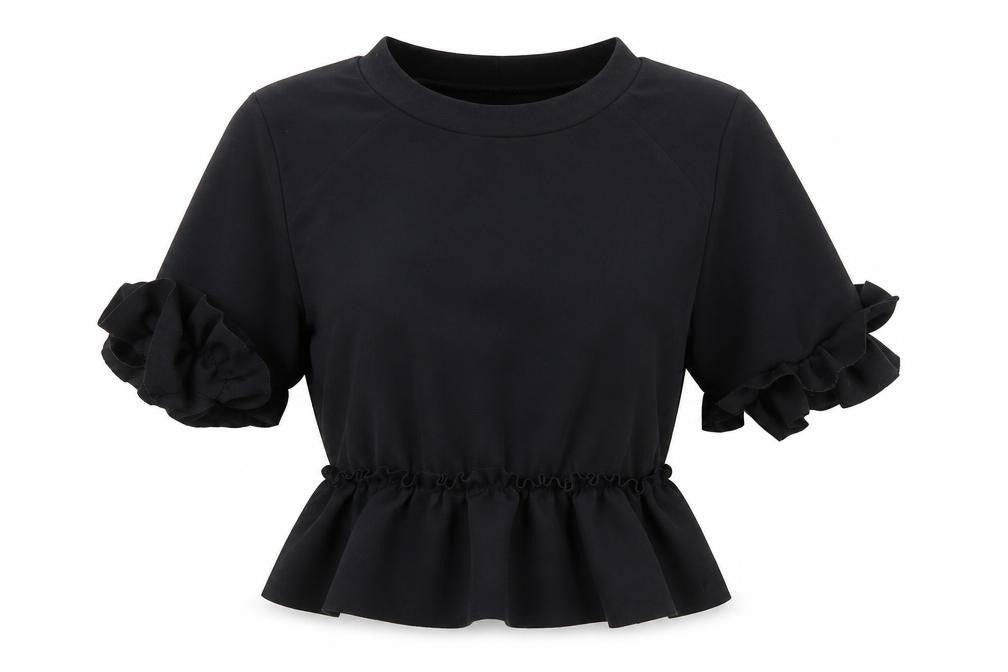Front view of Style Plus women’s black polyester basic blouse, size UK 6, round neck