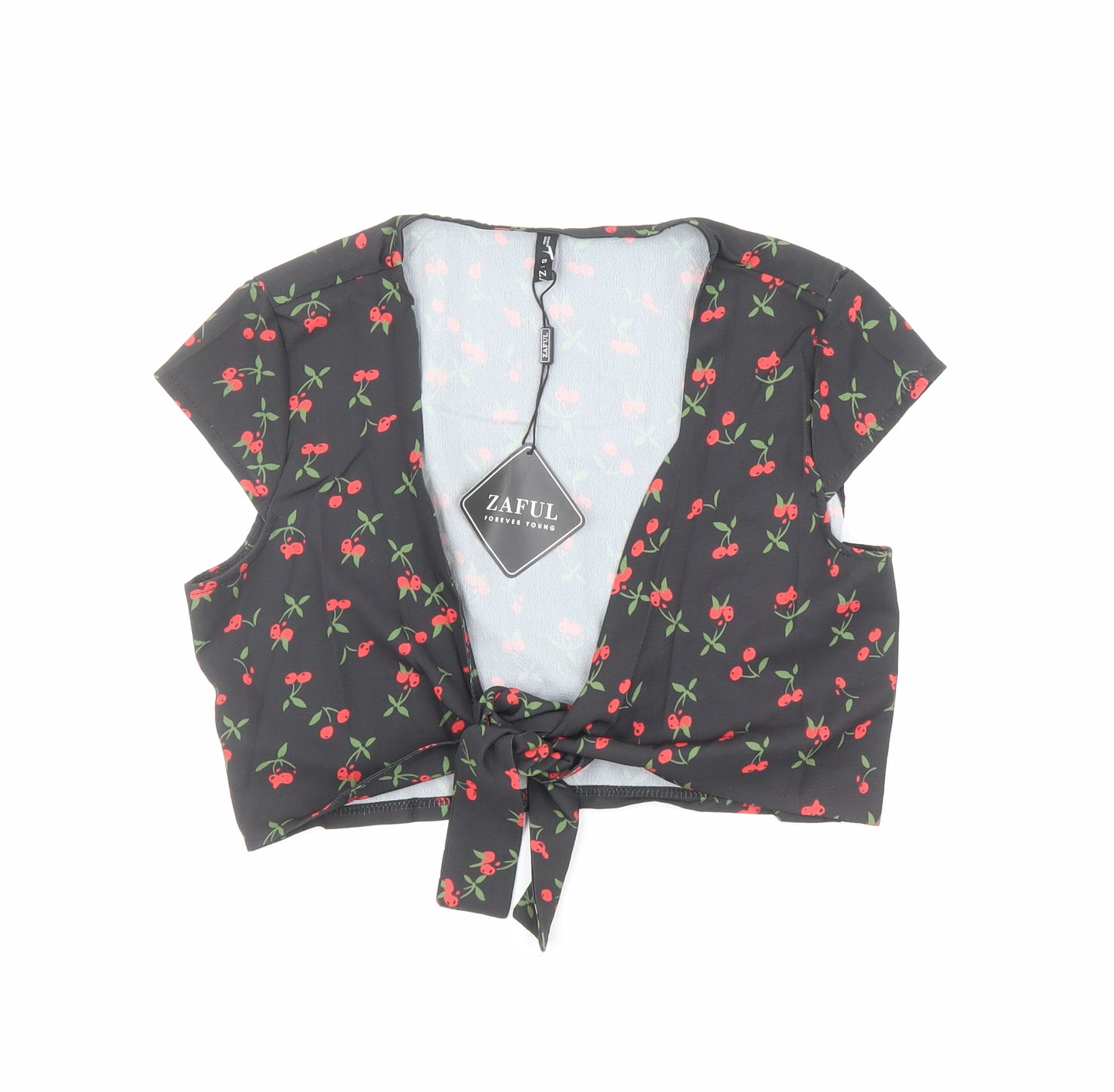Zaful Womens Black Geometric Polyester Basic Blouse Size 8 V-Neck - Cherry Print