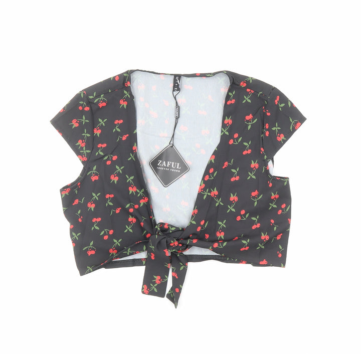 Zaful Womens Black Geometric Polyester Basic Blouse Size 8 V-Neck - Cherry Print